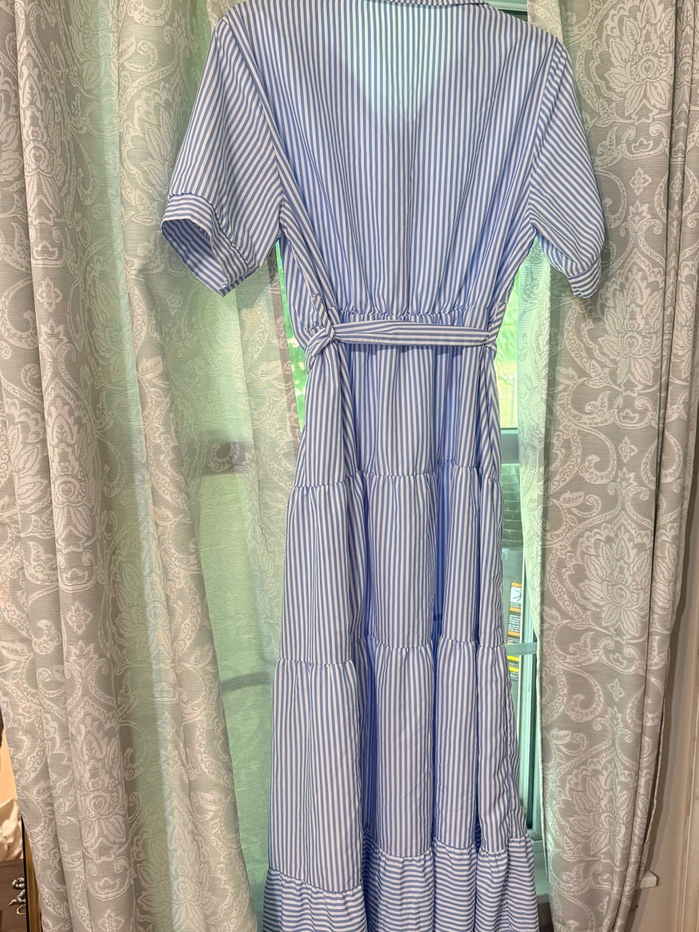 Trendy boutique Blue and White Striped Tiered Maxi Dress with Tie Waist